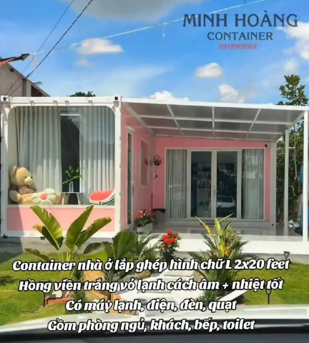 Container Nhà Ở Ghép Chữ L 2x20 Feet Hồng Viền Trắng Vỏ Lạnh